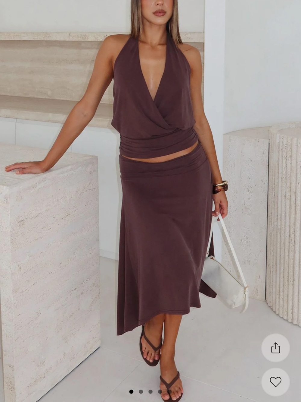 White Fox Brown High-Low Halter Midi Skirt Set